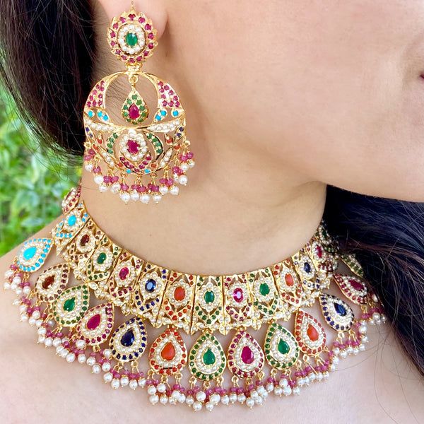 necklace set wedding bridal multi stone gold polish