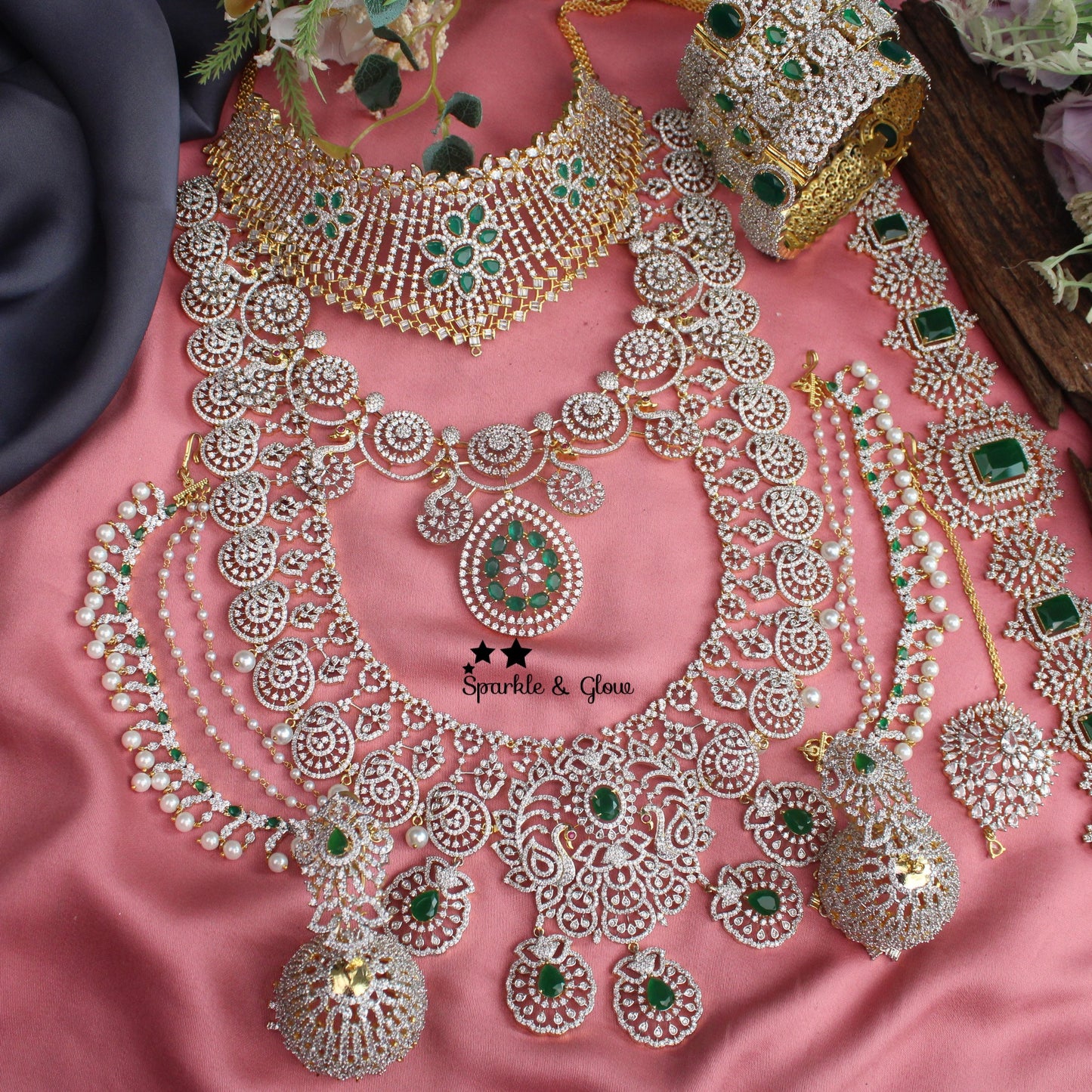 Grand Lotus Floral pendant GJ polish Semi bridal set with tikka-Ruby